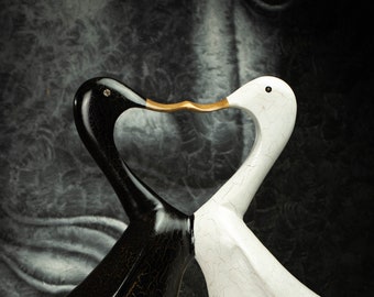 Hand Carved, Hand Painted Wooden Sculpture of a Pair of Ducks in Love