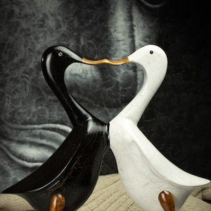 Hand Carved, Hand Painted Wooden Sculpture of a Pair of Ducks in Love