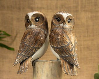 Hand Carved, Hand Painted Wooden Bird Sculpture of a Pair of Barn Owls