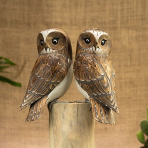 Hand Carved, Hand Painted Wooden Bird Sculpture of a Pair of Barn Owls