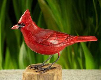 Hand Carved, Hand Painted Wooden Bird Sculpture of a Cardinal