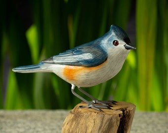 Hand Carved, Hand Painted Wooden Bird Sculpture of a Tufted Titmouse