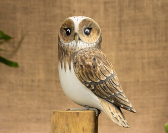 Hand Carved, Hand Painted Wooden Bird Sculpture of a Barn Owl