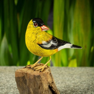 Hand Carved, Hand Painted Wooden Bird Sculpture of an American Gold Finch