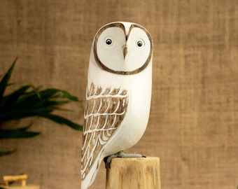 Hand Carved, Hand Painted Wooden Bird Sculpture of a Snowy Owl