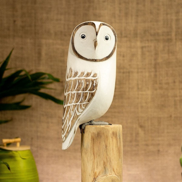 Hand Carved, Hand Painted Wooden Bird Sculpture of a Snowy Owl