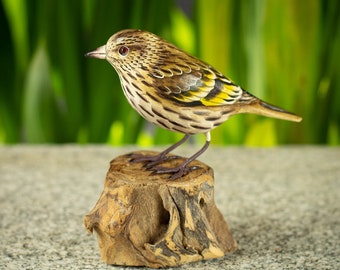 Hand Carved, Hand Painted Wooden Bird Sculpture of a Pine Siskin