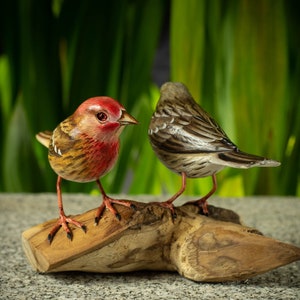Hand Carved, Hand Painted Wooden Bird Sculpture of a Breeding Pair of House Finches