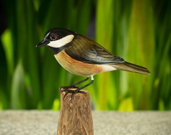 Hand Carved, Hand Painted Wooden Bird Sculpture of a Black-Capped Chickadee