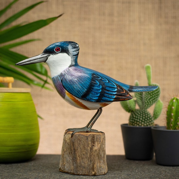 Hand Carved, Hand Painted Wooden Bird Sculpture of a Belted Kingfisher