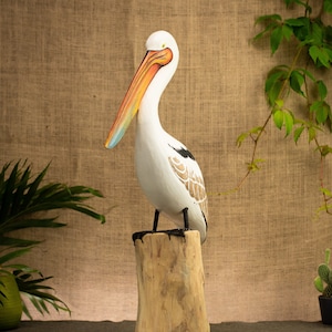 Hand Carved, Hand Painted Wooden Bird Sculpture of a Pelican image 1