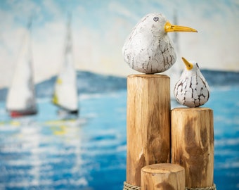 Hand Carved, Hand Painted Wooden Bird Sculpture of Seagulls on Posts
