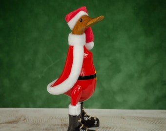 Hand Carved, Hand Painted Wooden Sculpture of a Santa Duck in Shiny Black Boots