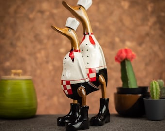 Hand Carved, Hand Painted Wooden Sculpture of a Chef Duck in Shiny Black Boots