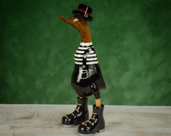 Hand Carved, Hand Painted Wooden Sculpture of a Venetian Duck in Shiny Black Boots