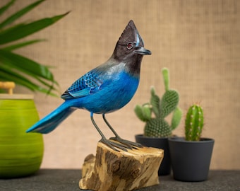 Hand Carved, Hand Painted Wooden Bird Sculpture of a Stellar&#39;s Jay