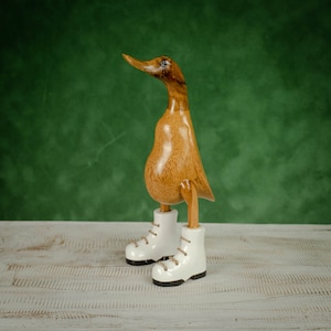 Hand Carved, Hand Painted Wooden Sculpture of a Duck in Shiny White Boots