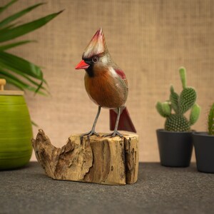 Hand Carved, Hand Painted Wooden Bird Sculpture of a Female Cardinal