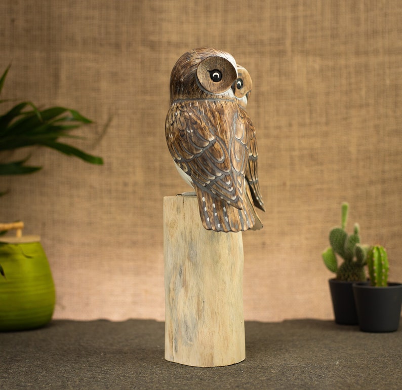 Hand Carved, Hand Painted Wooden Bird Sculpture of a Pair of Barn Owls image 4