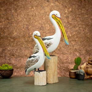 Hand Carved, Hand Painted Wooden Bird Sculpture of a Pelican