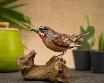 Hand Carved, Hand Painted Wooden Bird Sculpture of a Siberian Rubythroat