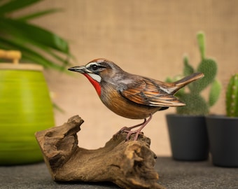 Hand Carved, Hand Painted Wooden Bird Sculpture of a Siberian Rubythroat