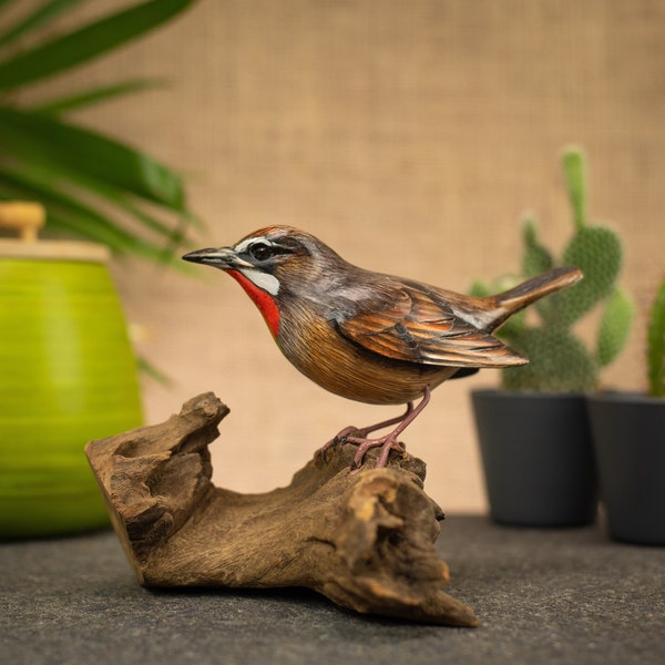 Hand Carved, Hand Painted Wooden Bird Sculpture of a Siberian Rubythroat