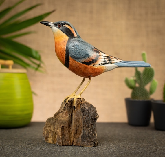 Hand Carved, Hand Painted Wooden Bird Sculpture of a Varied Thrush