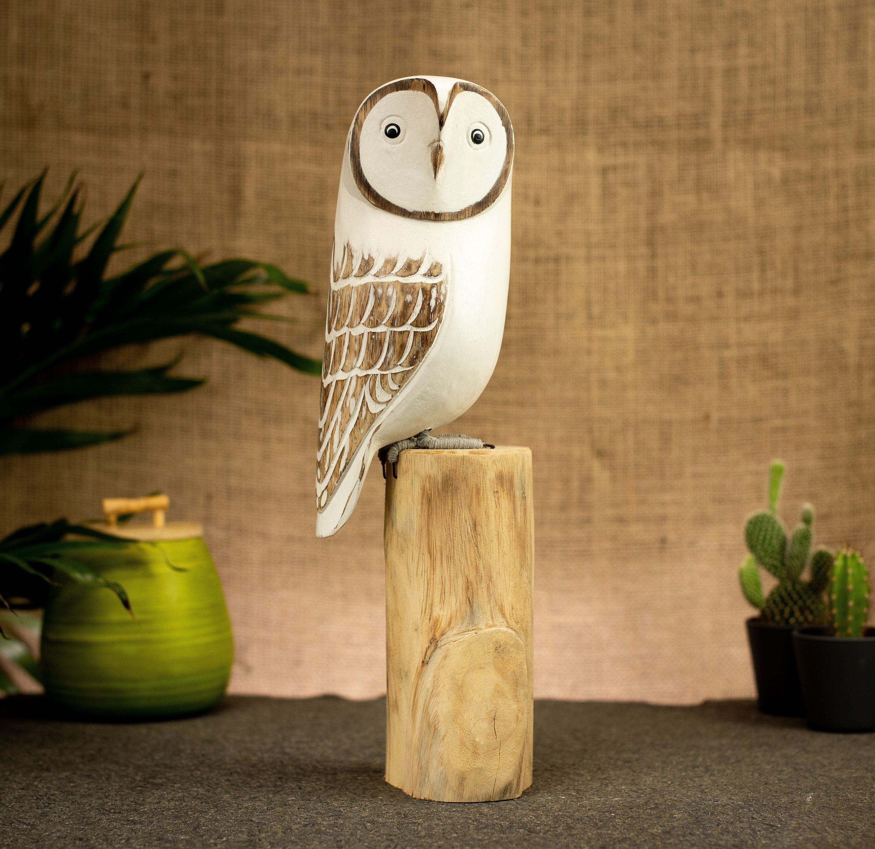 Hand Carved, Hand Painted Wooden Bird Sculpture of a Snowy Owl