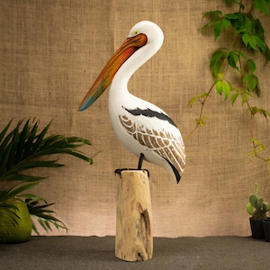 Hand Carved, Hand Painted Wooden Bird Sculpture of a Pelican image 2