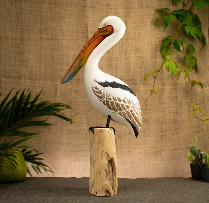 Hand Carved, Hand Painted Wooden Bird Sculpture of a Pelican image 2