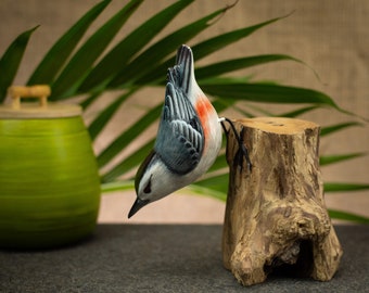 Hand Carved, Hand Painted Wooden Bird Sculpture of a White Breasted Nuthatch