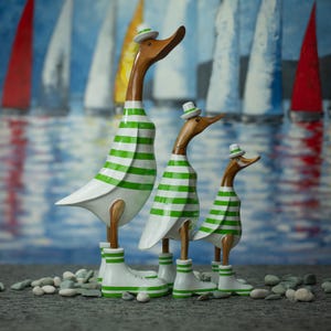 Hand Carved, Hand Painted Wooden Sculpture of a Duck in a Green Striped Shirt