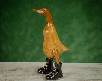 Hand Carved, Hand Painted Wooden Sculpture of a Duck in Shiny Black Boots