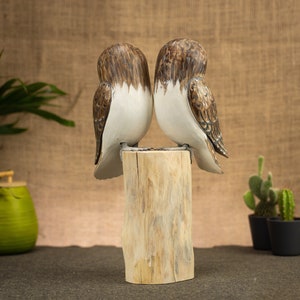 Hand Carved, Hand Painted Wooden Bird Sculpture of a Pair of Barn Owls image 3