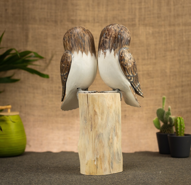 Hand Carved, Hand Painted Wooden Bird Sculpture of a Pair of Barn Owls image 3