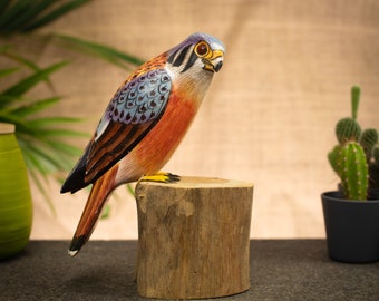 Hand Carved, Hand Painted Wooden Bird Sculpture of a American Kestrel
