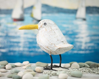 Hand Carved, Hand Painted Wooden Bird Sculpture of a Seagull (Large)