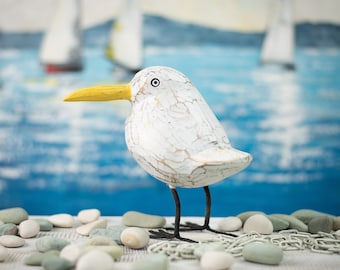 Hand Carved, Hand Painted Wooden Bird Sculpture of a Seagull (Large)