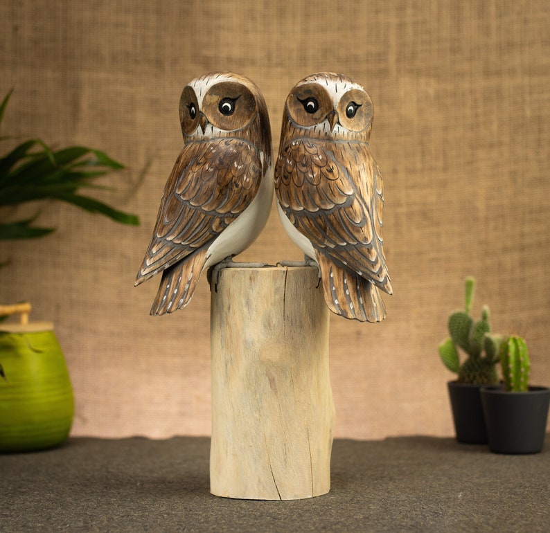 Hand Carved, Hand Painted Wooden Bird Sculpture of a Pair of Barn Owls image 1