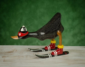 Hand Carved, Hand Painted Wooden Sculpture of a Skiing Duck in Black