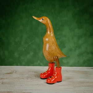 Hand Carved, Hand Painted Wooden Sculpture of a Duck in Shiny Orange Boots
