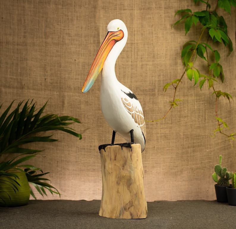 Hand Carved, Hand Painted Wooden Bird Sculpture of a Pelican image 1