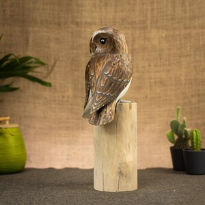 Hand Carved, Hand Painted Wooden Bird Sculpture of a Pair of Barn Owls image 2