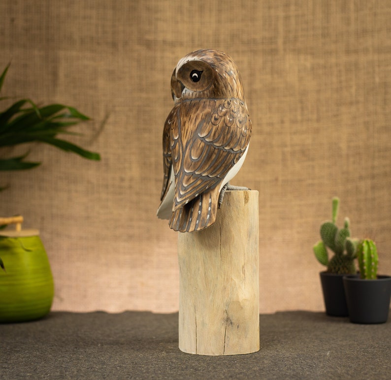 Hand Carved, Hand Painted Wooden Bird Sculpture of a Pair of Barn Owls image 2