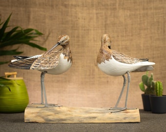 Hand Carved, Hand Painted Wooden Bird Sculpture of a Pair of Dunlins