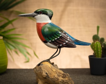 Hand Carved, Hand Painted Wooden Bird Sculpture of a Green Kingfisher