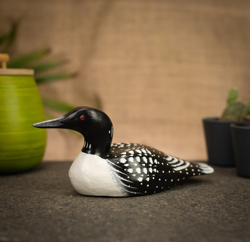 Hand Carved, Hand Painted Wooden Bird Sculpture of a Loon Medium