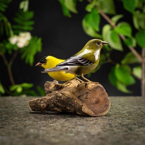 Hand Carved, Hand Painted Wooden Bird Sculpture of a pair of American Goldfinches