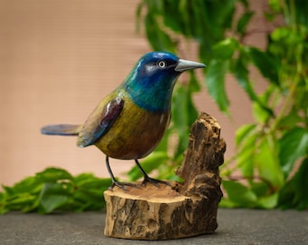 Hand Carved, Hand Painted Wooden Bird Sculpture of a Common Grackle